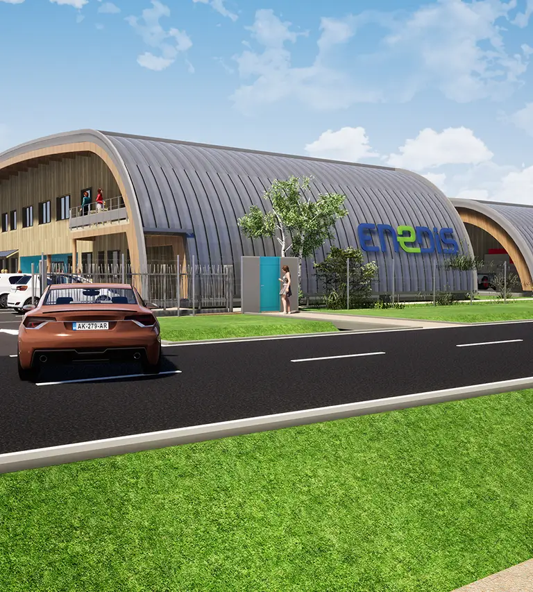 Une photo en 3D des bâtiments Enedis avec l'enseigne en gros et la route devant