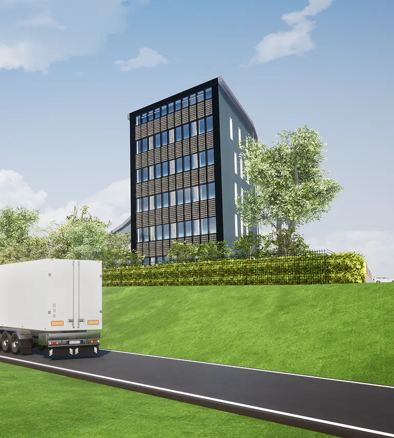 Une photo en 3D de la façade de la Maison des Sports avec la route devant